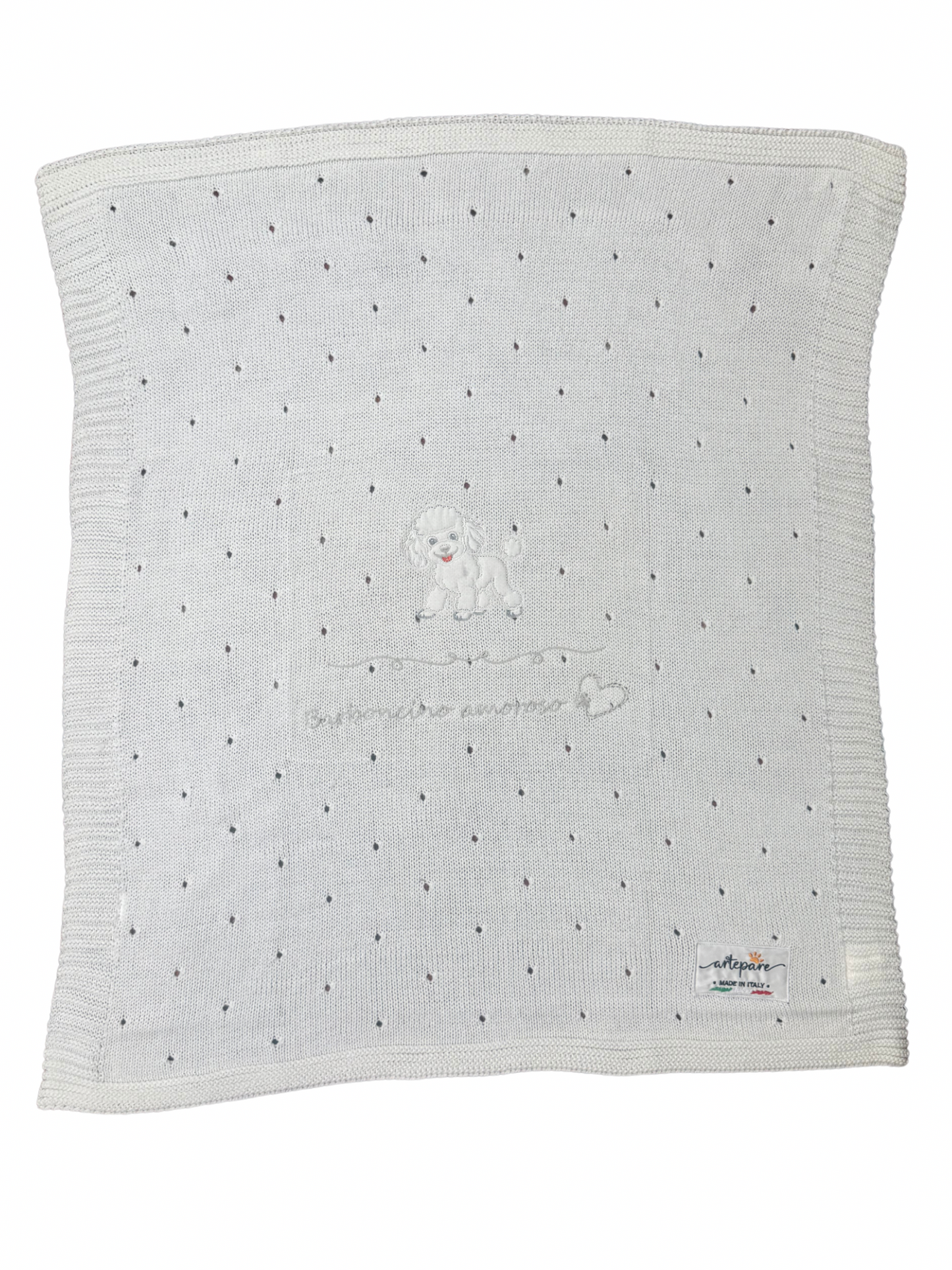 Coperta Filo Lana Panna Con Barboncino Ricamato Bianco