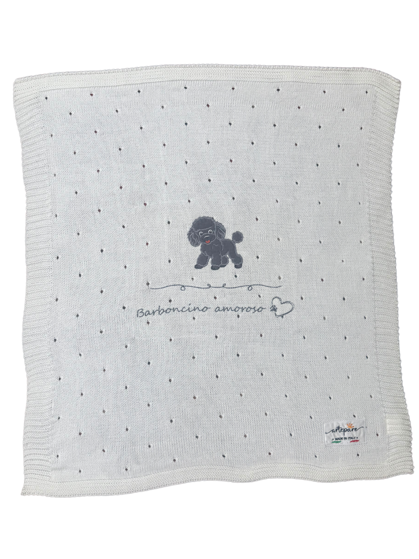 Coperta Filo Lana Panna Con Barboncino Ricamato Grigio