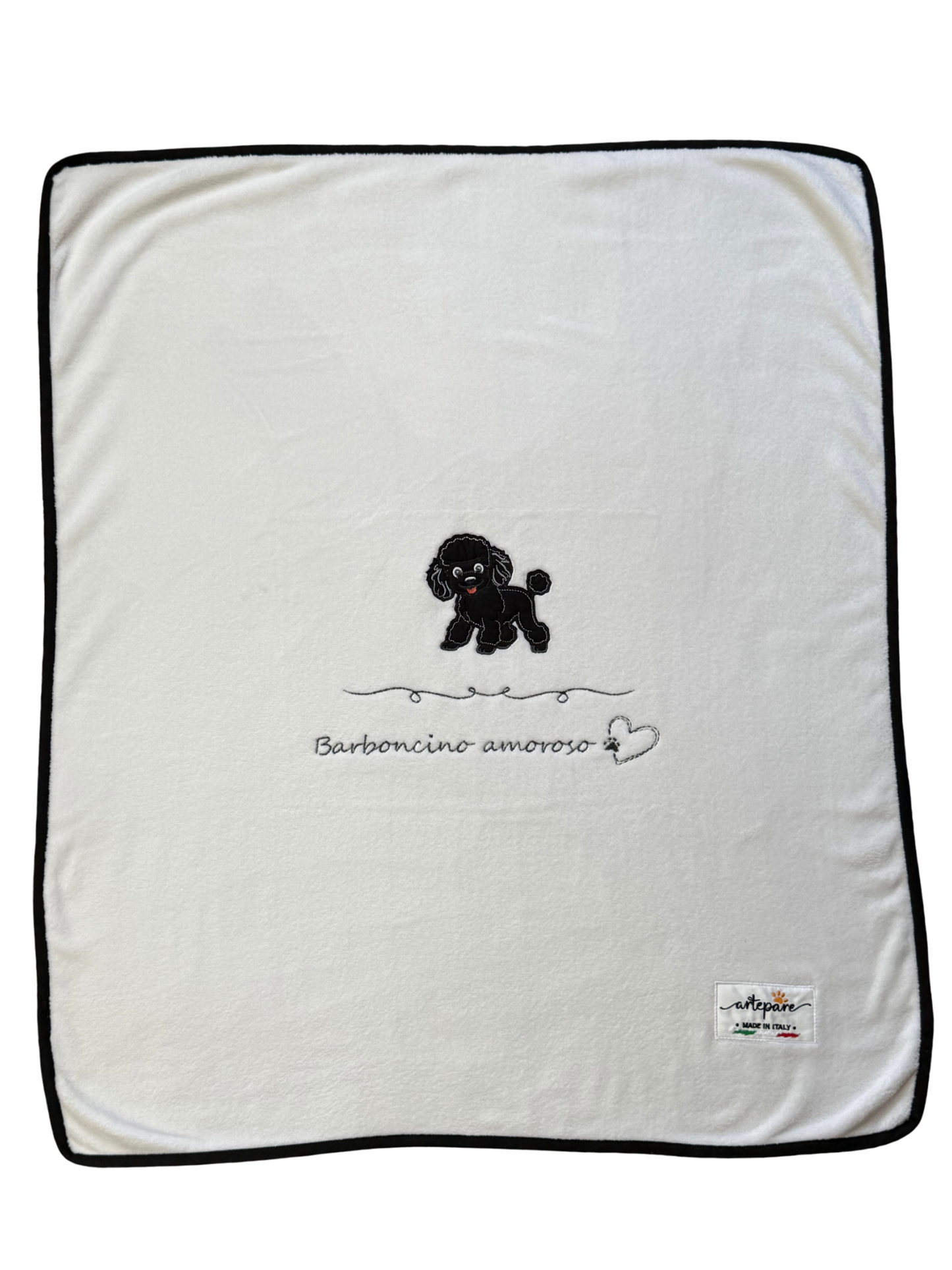 Coperta Pelliccetta Bianco Con Barboncino Ricamato Nero