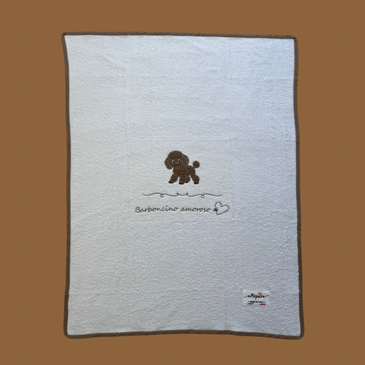 Coperta-Asciugamano Telo Spugna Bianco Con Barboncino Ricamato Marrone