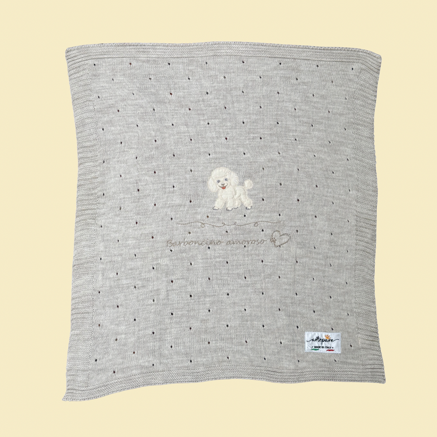 Coperta Filo Lana Tortora Con Barboncino Ricamato Miele