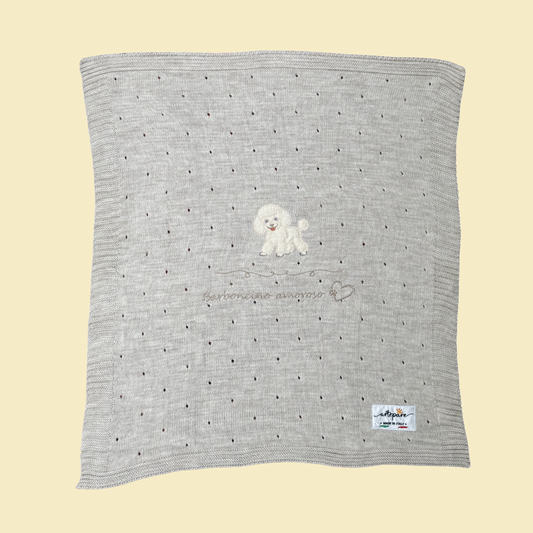 Coperta Filo Lana Tortora Con Barboncino Ricamato Miele