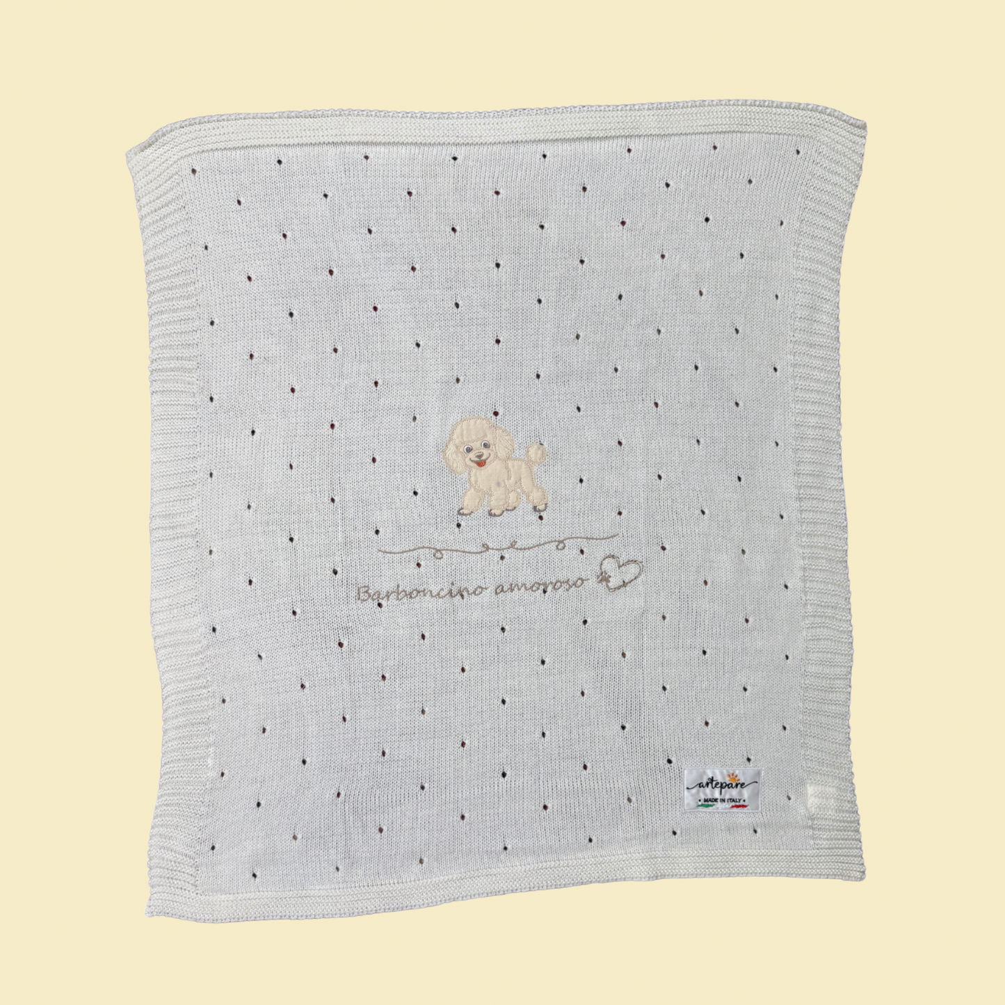 Coperta Filo Lana Panna Con Barboncino Ricamato Miele