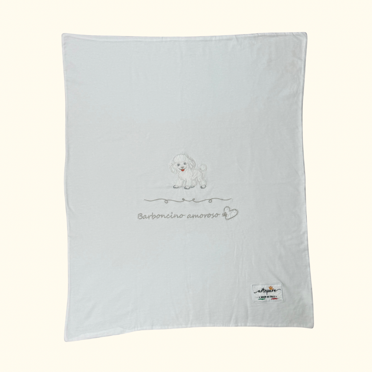 Coperta Doppio Jersey Bianco Con Barboncino Ricamato Bianco