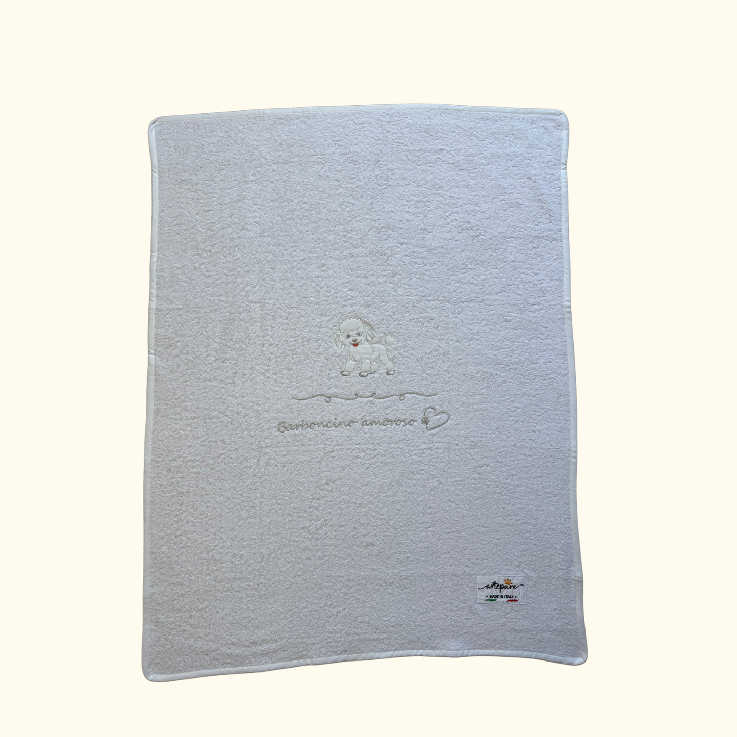 Coperta-Asciugamano Telo Spugna Bianco Con Barboncino Ricamato Bianco