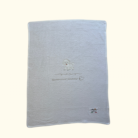 Coperta-Asciugamano Telo Spugna Bianco Con Barboncino Ricamato Bianco