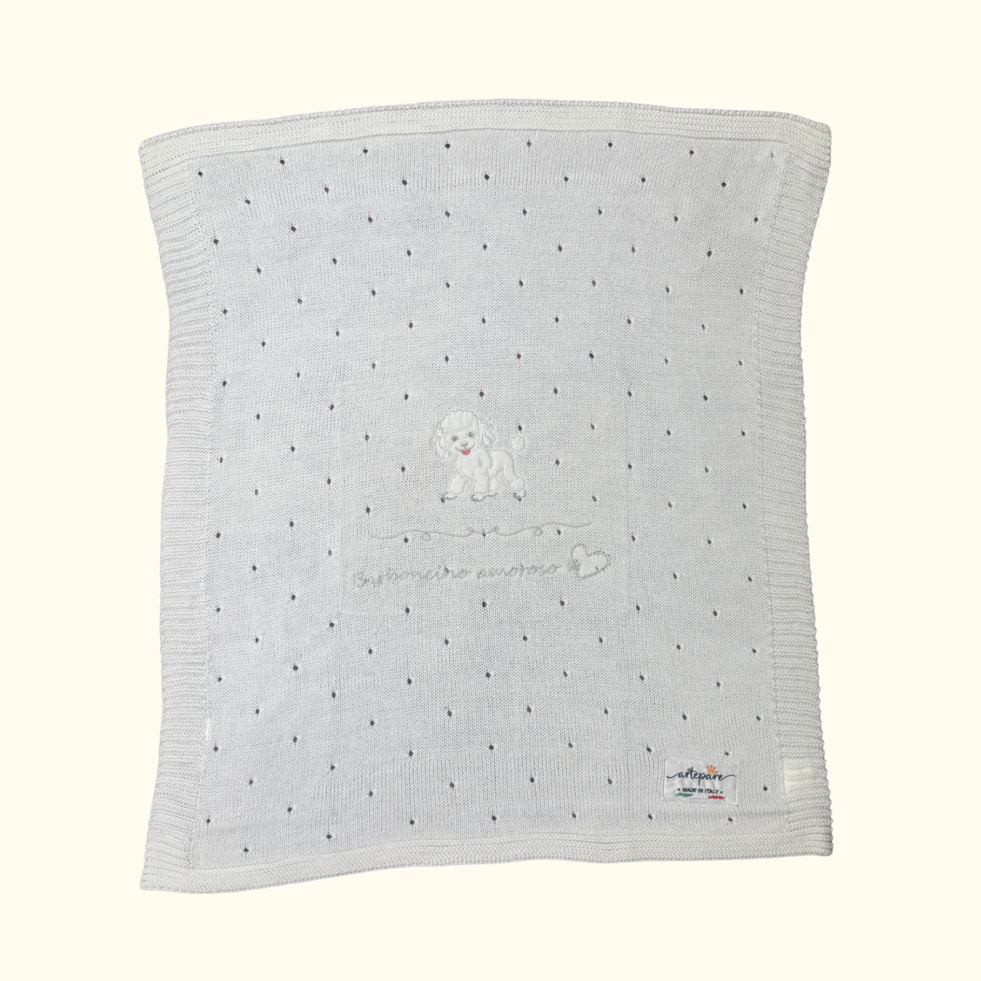 Coperta Filo Lana Panna Con Barboncino Ricamato Bianco