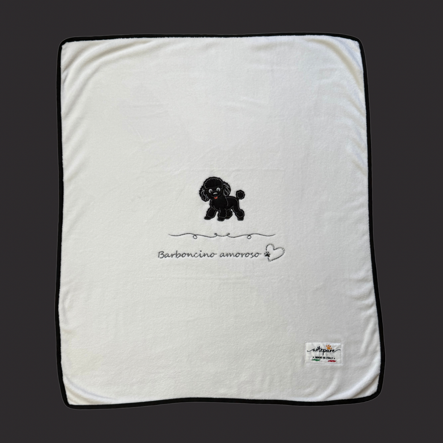 Coperta Pelliccetta Bianco Con Barboncino Ricamato Nero