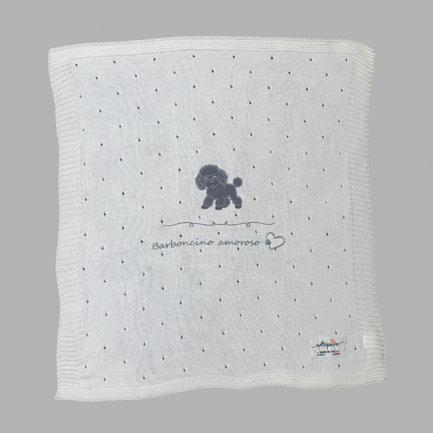 Coperta Filo Lana Panna Con Barboncino Ricamato Grigio