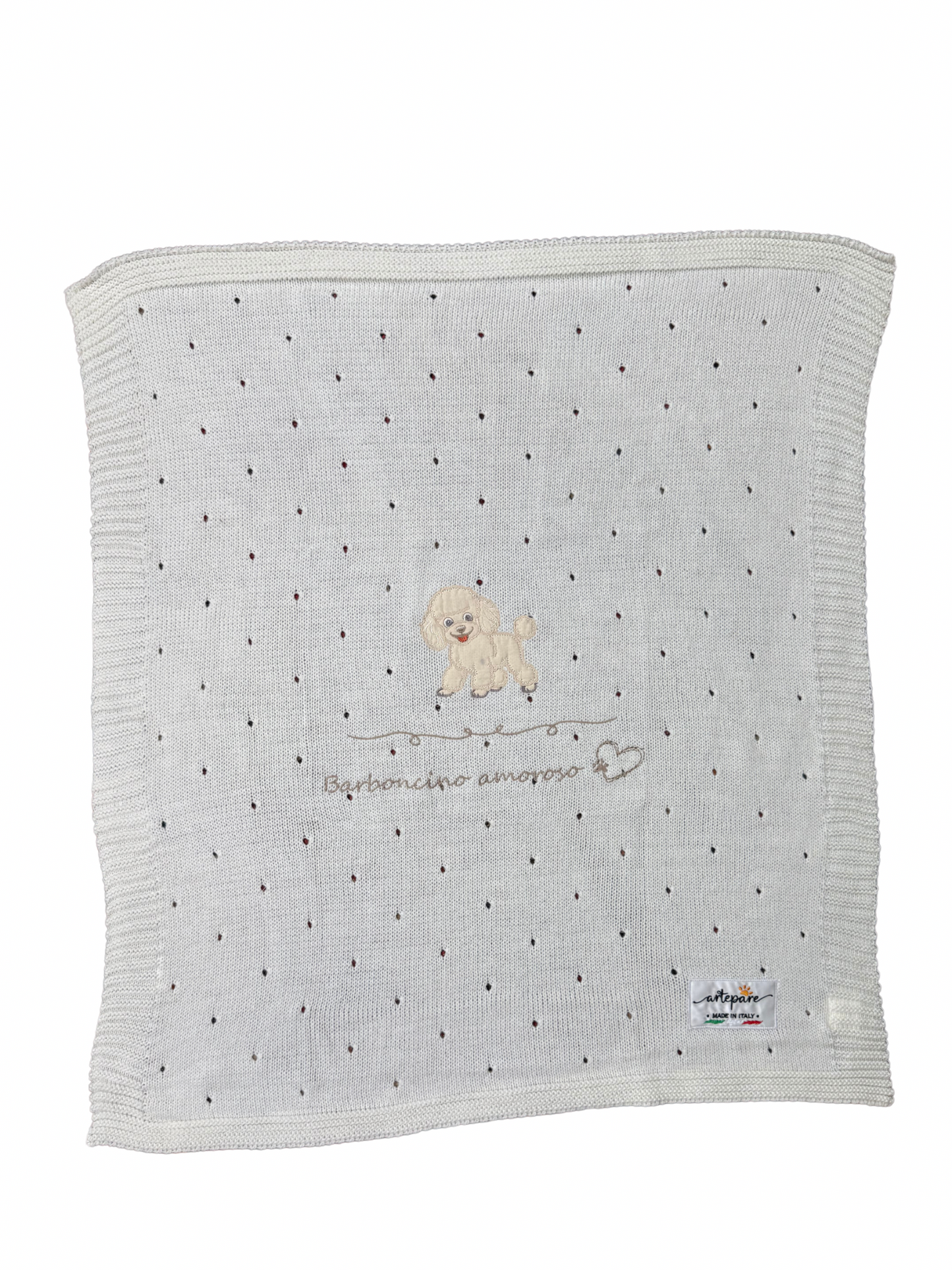 Coperta Filo Lana Panna Con Barboncino Ricamato Miele