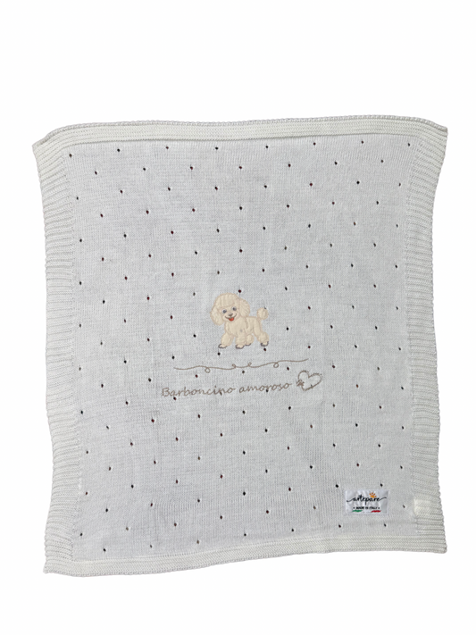 Coperta Filo Lana Panna Con Barboncino Ricamato Miele