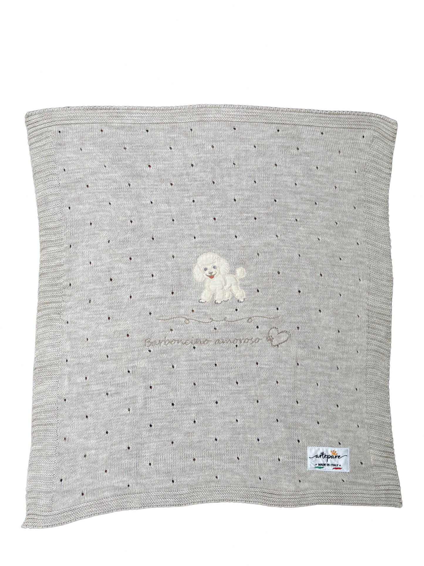 Coperta Filo Lana Tortora Con Barboncino Ricamato Miele
