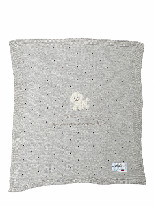Coperta Filo Lana Tortora Con Barboncino Ricamato Miele