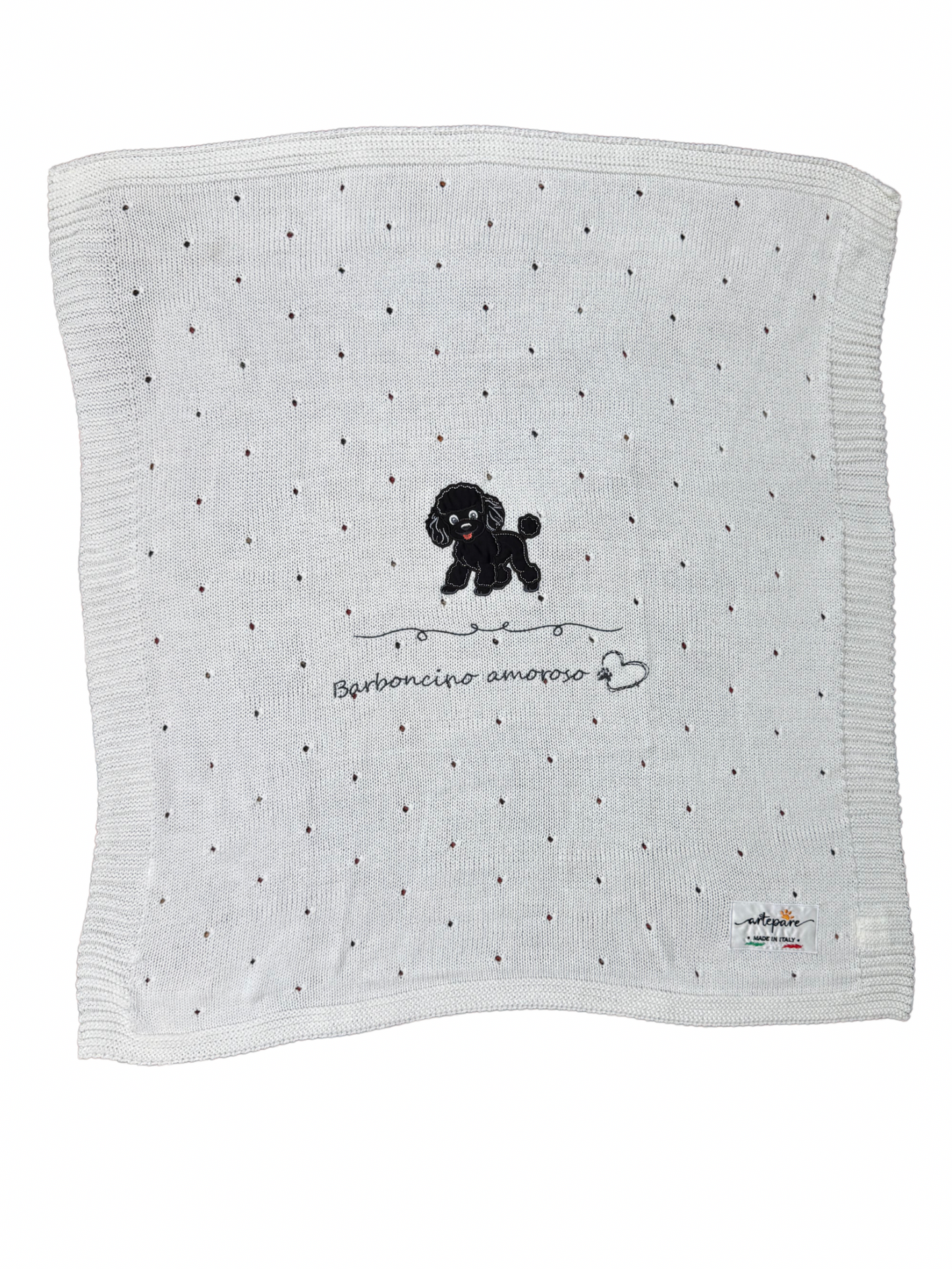 Coperta Filo Lana Panna Con Barboncino Ricamato Nero