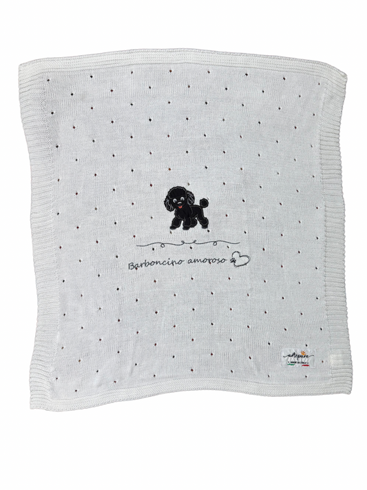 Coperta Filo Lana Panna Con Barboncino Ricamato Nero