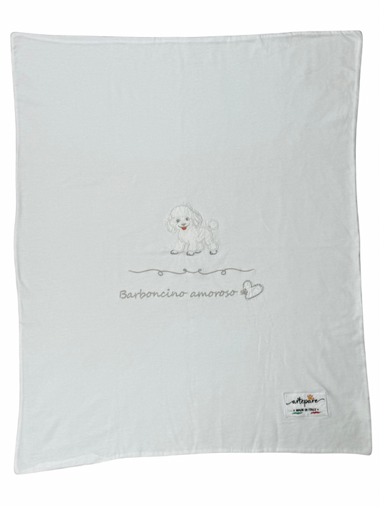 Coperta Doppio Jersey Bianco Con Barboncino Ricamato Bianco