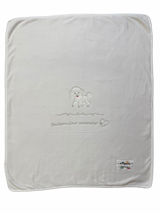 Coperta Pelliccetta Bianco Con Barboncino Ricamato Bianco