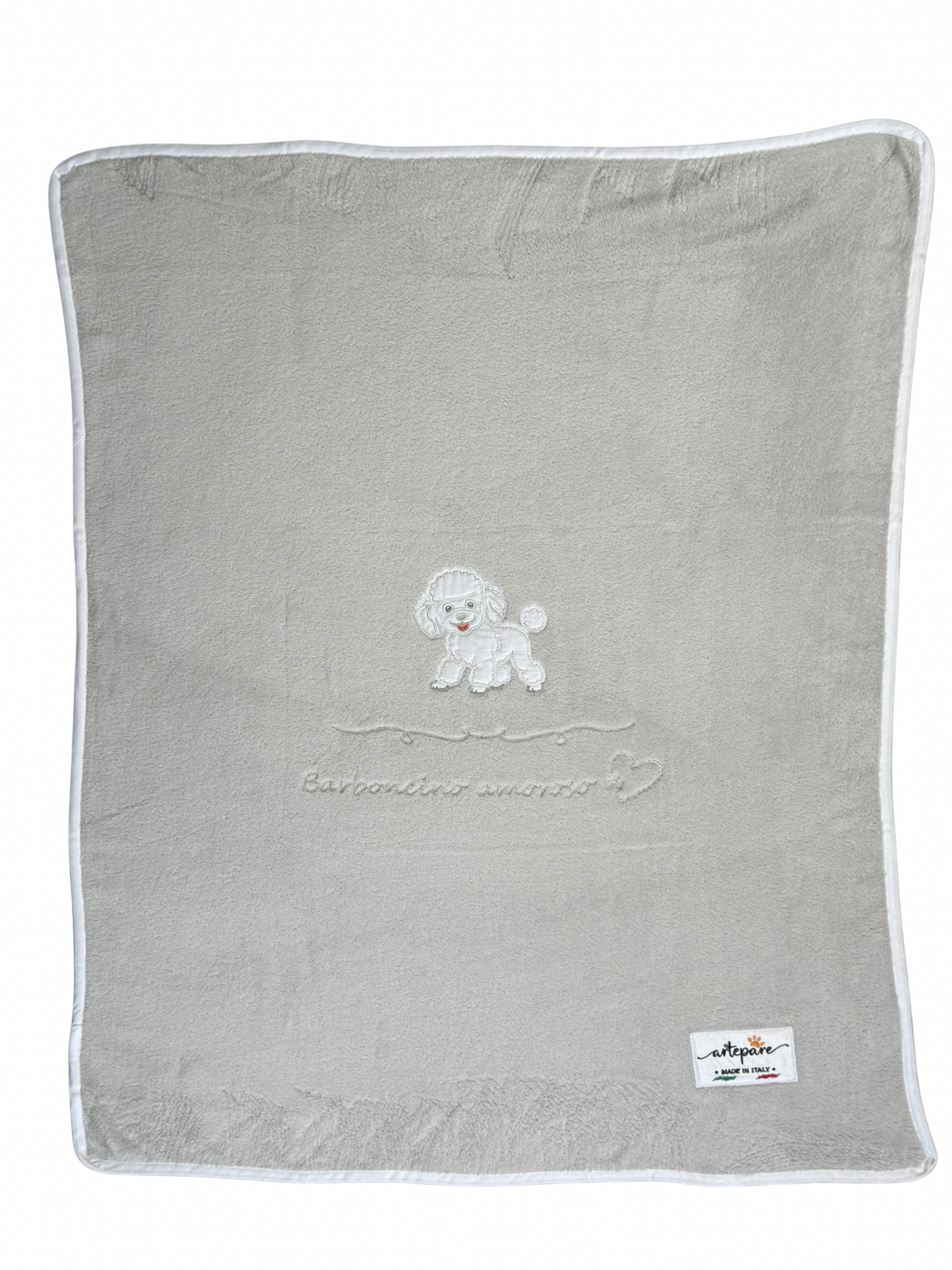 Coperta Pelliccetta Grigio Con Barboncino Ricamato Bianco