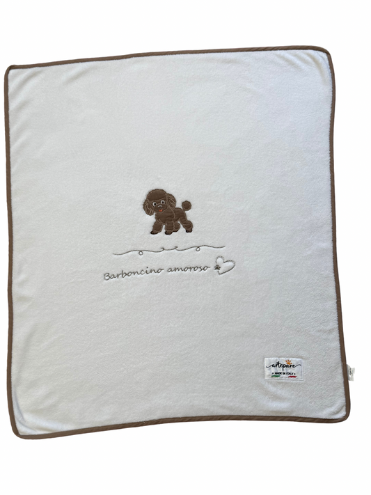 Coperta Pelliccetta Bianco Con Barboncino Ricamato Marrone