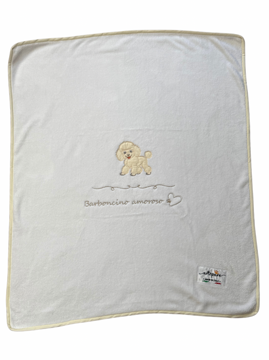 Coperta Pelliccetta Bianco Con Barboncino Ricamato Miele