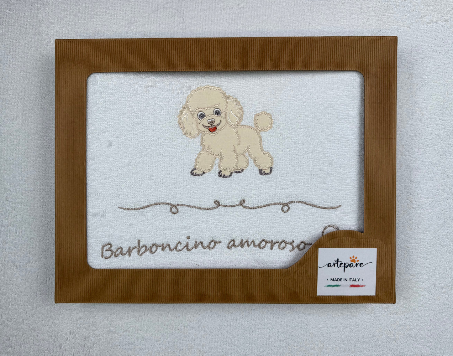 Coperta-Asciugamano Telo Spugna Bianco Con Barboncino Ricamato Miele